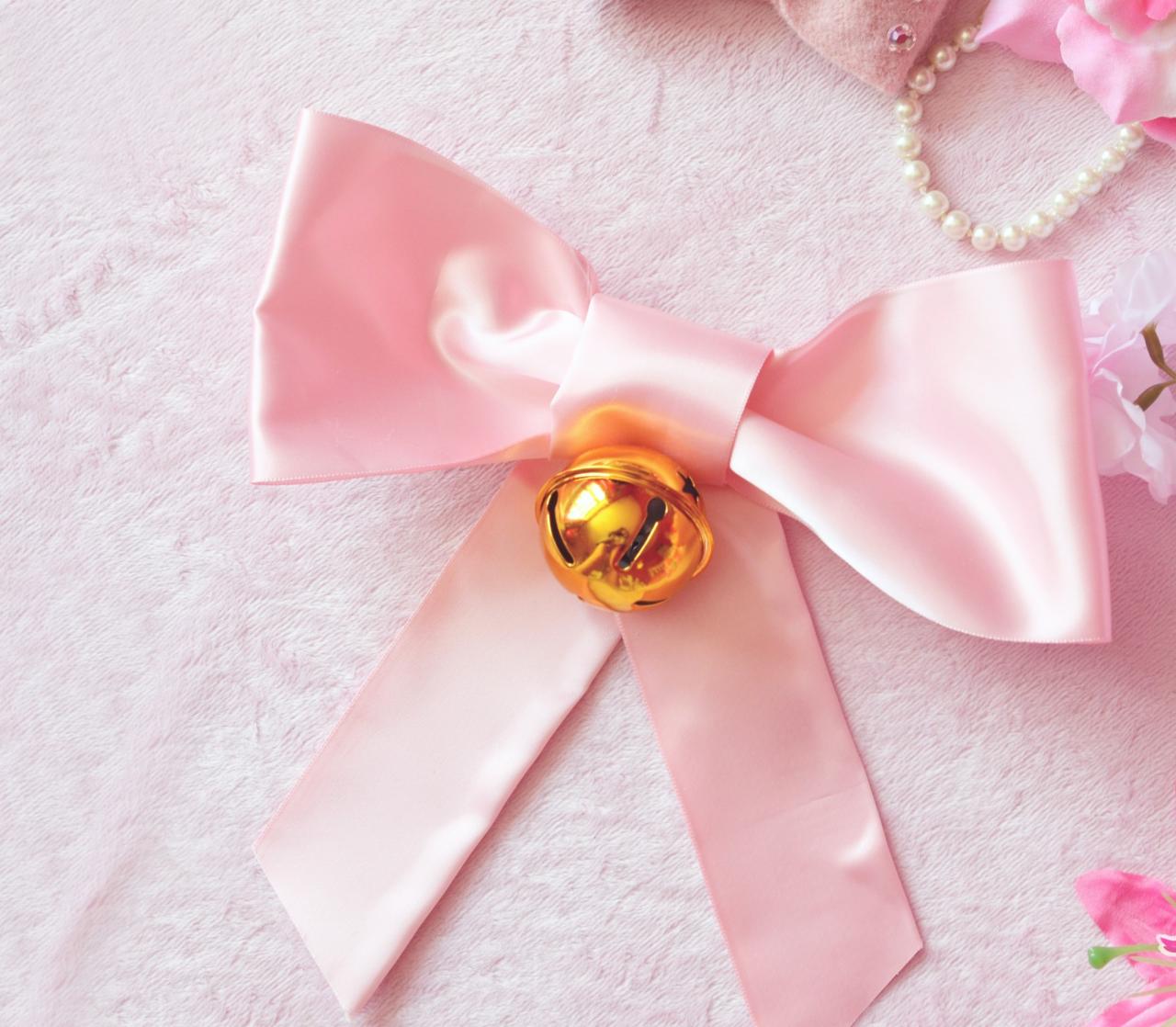 Extra Large Satin Baby Pink Back Hair Bow Barrette Clip With Bell