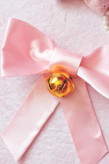 Extra Large Satin Baby Pink Back Hair Bow Barrette Clip With Bell